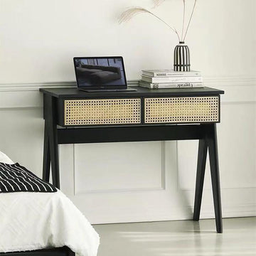 Modern Black Rattan Desk Home Office Desk with Drawers Wooden Writing Desk
